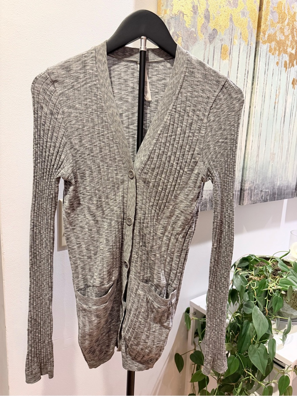 Athleta Revolve Cardigan XS Gray Ribbed Knit Button Front Sweater Pockets